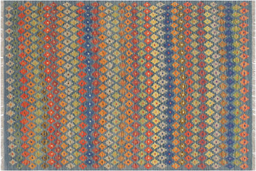 Flat Weave Kilim, Antique, Navaho, Vintage, Handmade, Modern Kilim Blue Rust Hand-Woven Rectangle 100% Wool Area Rug 5 x 7